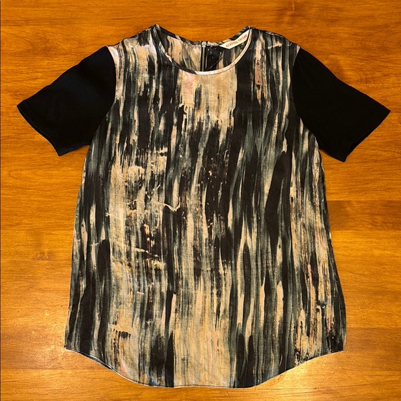 REBECCA TAYLOR SILK SHIRT ABSTRACT PRINT EUC SIZE 0 BACK ZIP SOLID SLEEVE LUX 🖤 - Picture 1 of 8